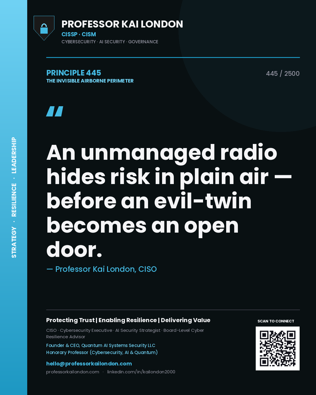 Professor Kai London principle 445: An unmanaged radio hides risk in plain air — before an evil-twin becomes an open door.