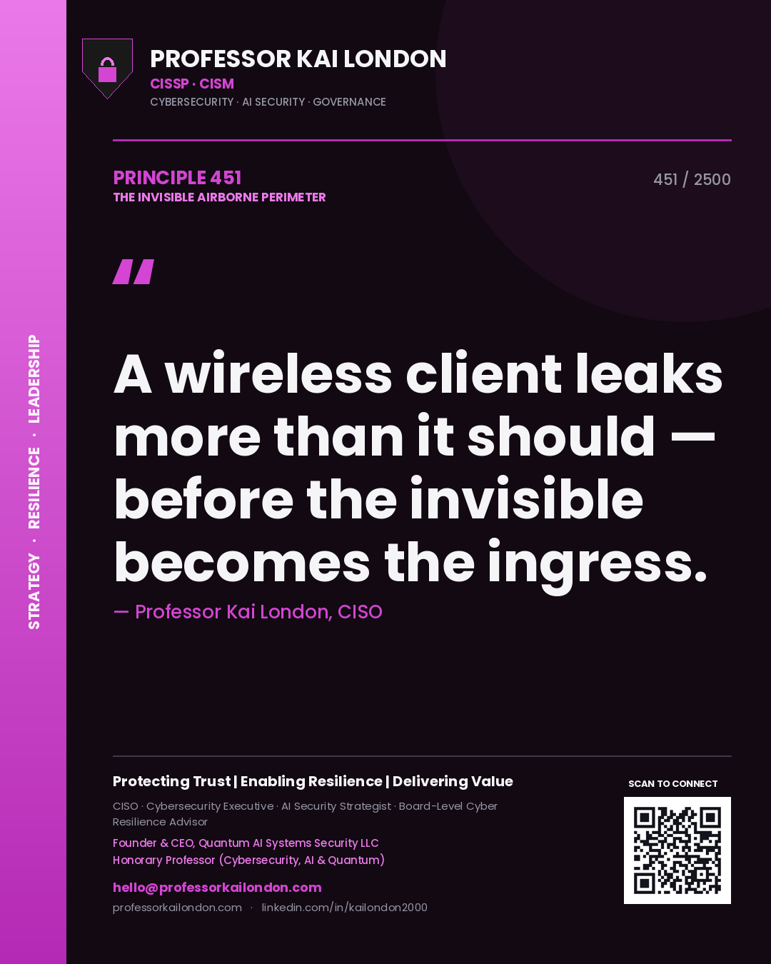 Professor Kai London principle 451: A wireless client leaks more than it should — before the invisible becomes the ingress.