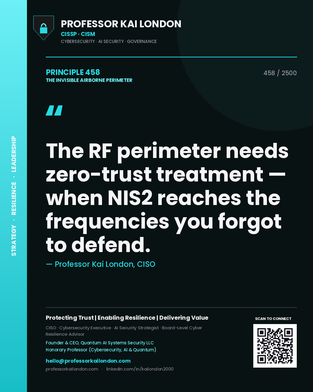Professor Kai London principle 458: The RF perimeter needs zero-trust treatment — when NIS2 reaches the frequencies you forgot to defend.