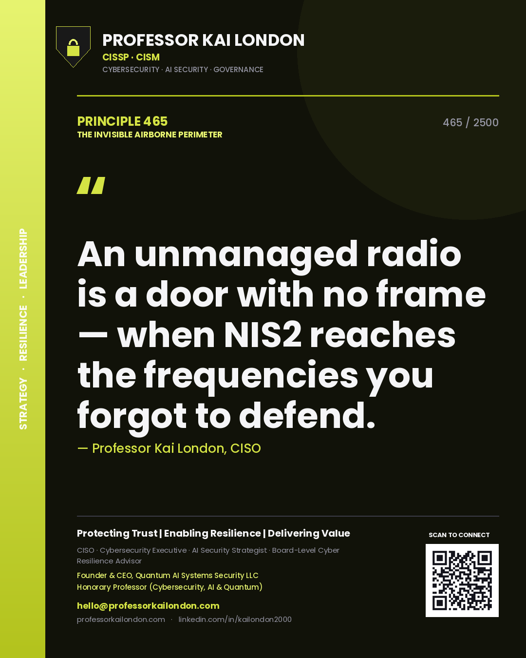 Professor Kai London principle 465: An unmanaged radio is a door with no frame — when NIS2 reaches the frequencies you forgot to defend.