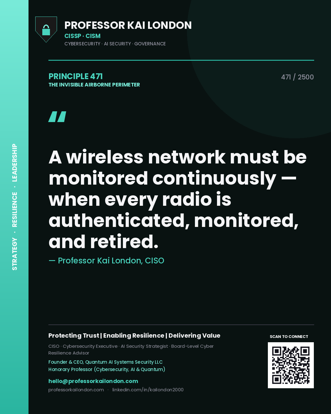 Professor Kai London principle 471: A wireless network must be monitored continuously — when every radio is authenticated, monitored, and retired.