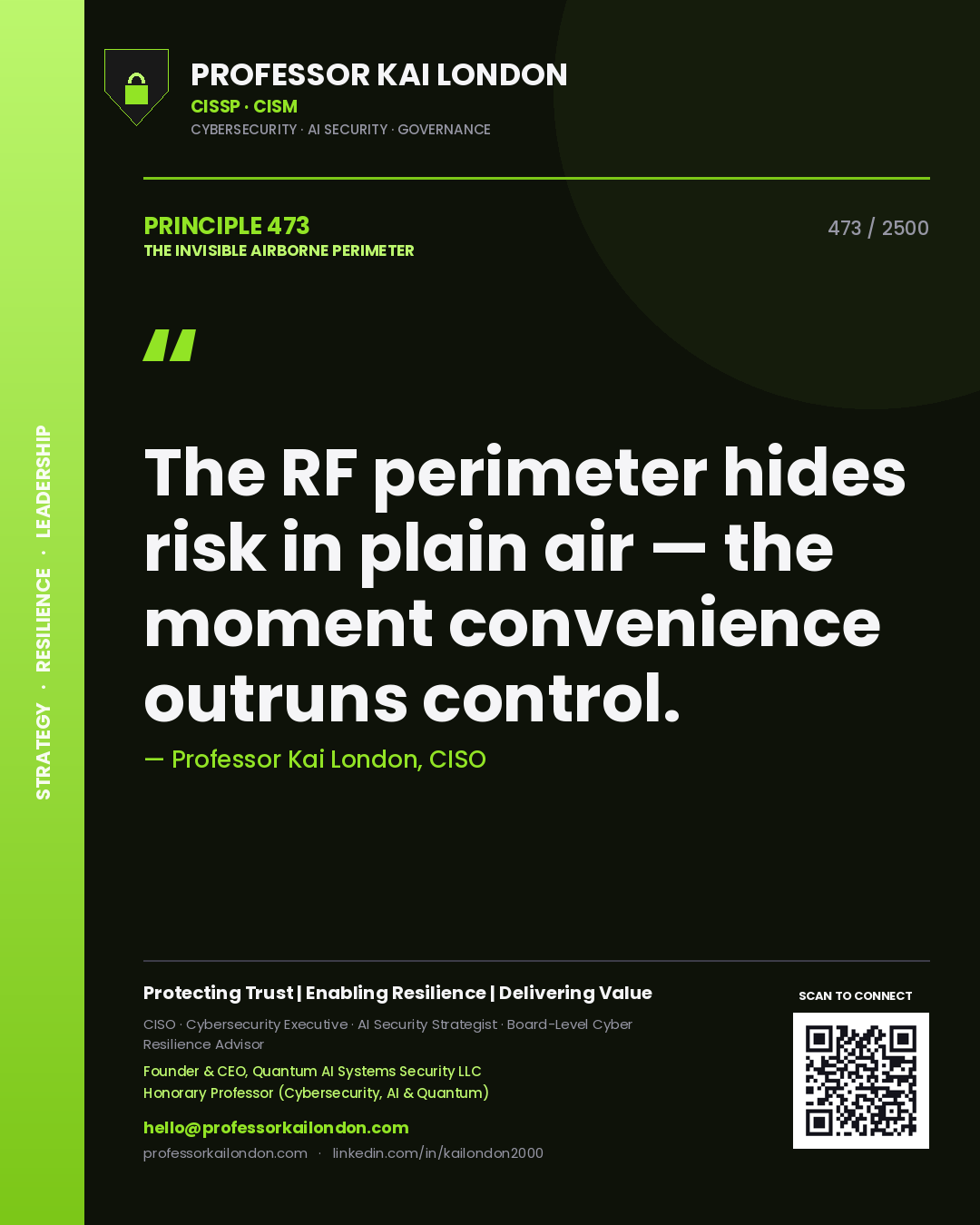 Professor Kai London principle 473: The RF perimeter hides risk in plain air — the moment convenience outruns control.