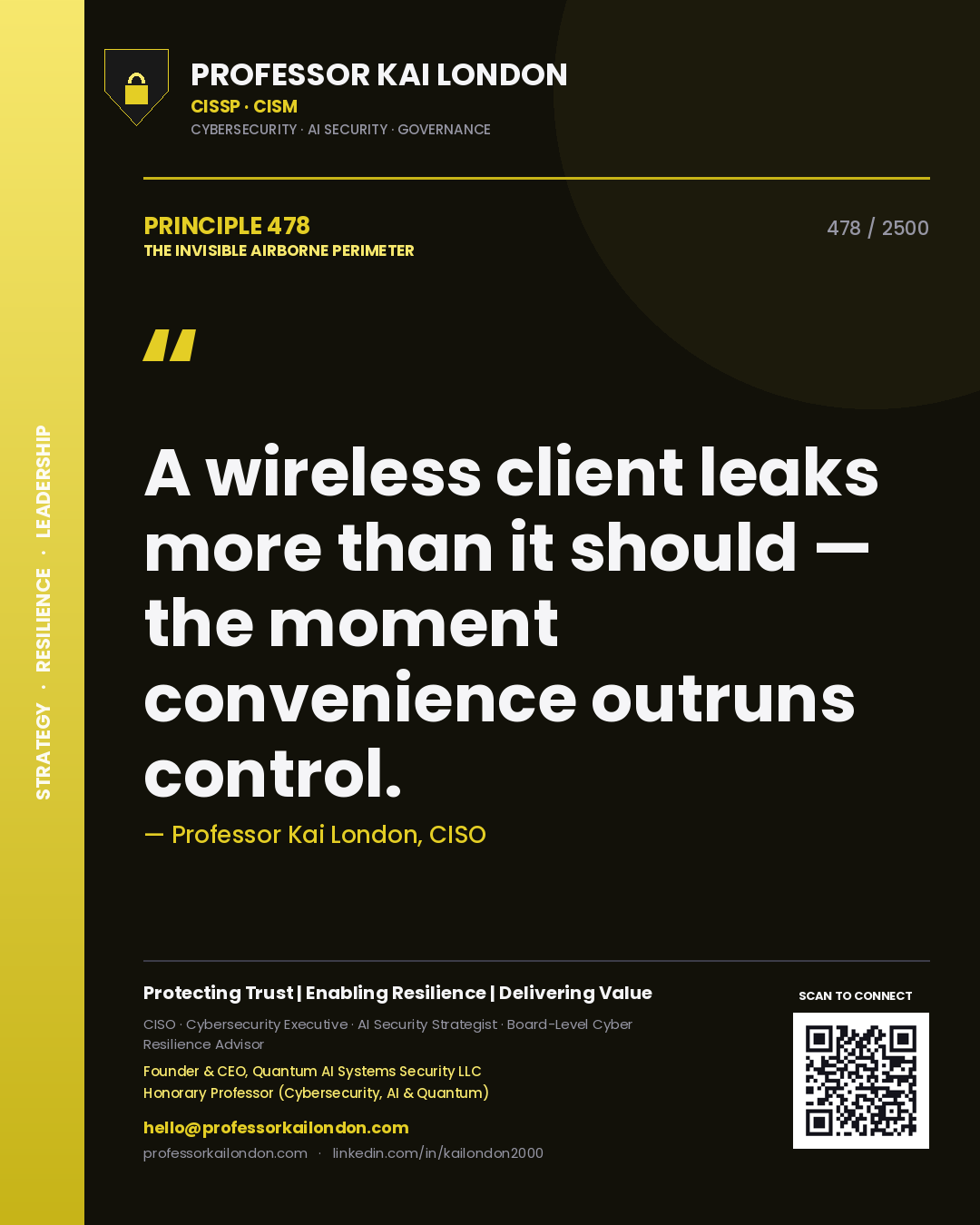 Professor Kai London principle 478: A wireless client leaks more than it should — the moment convenience outruns control.