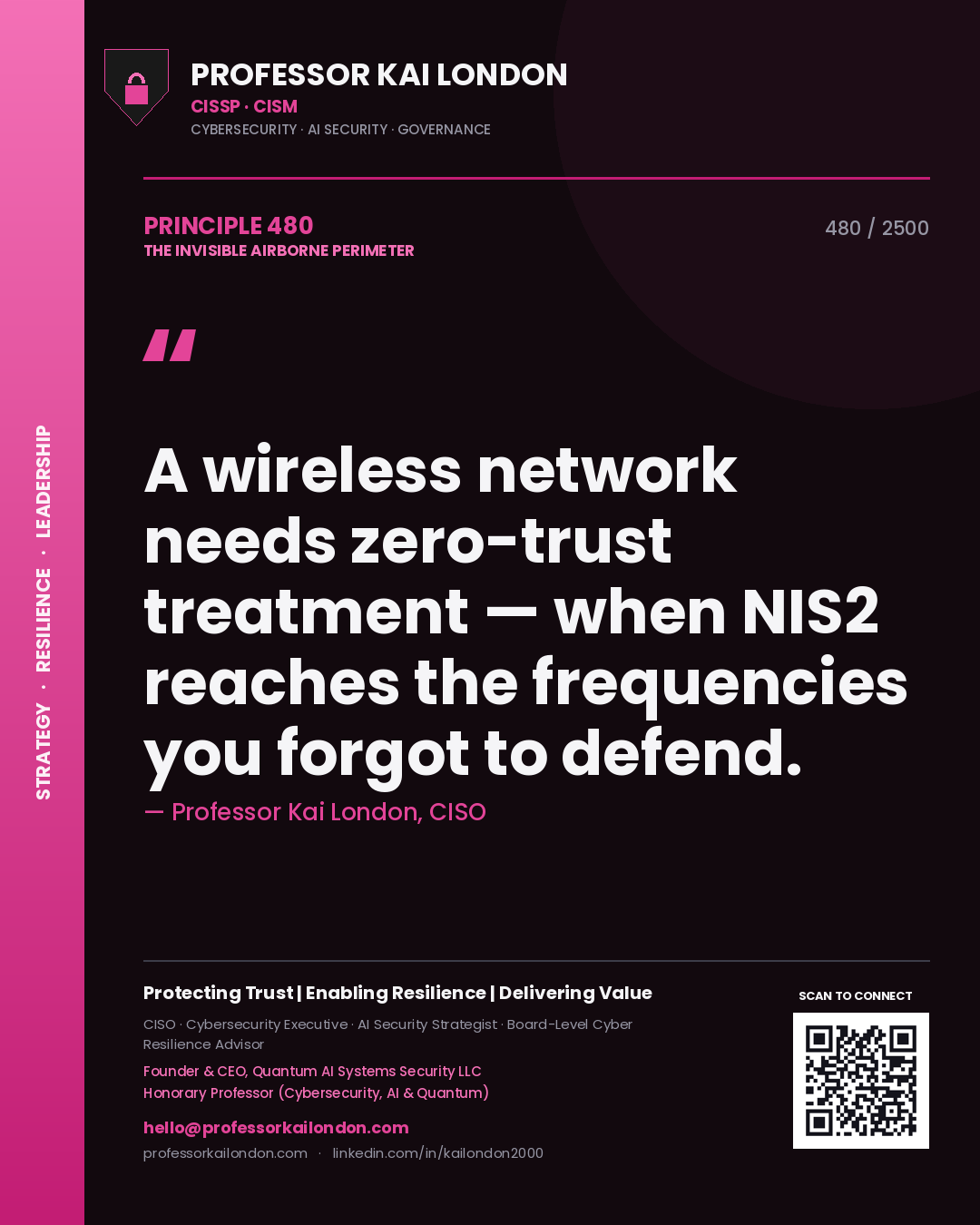 Professor Kai London principle 480: A wireless network needs zero-trust treatment — when NIS2 reaches the frequencies you forgot to defend.
