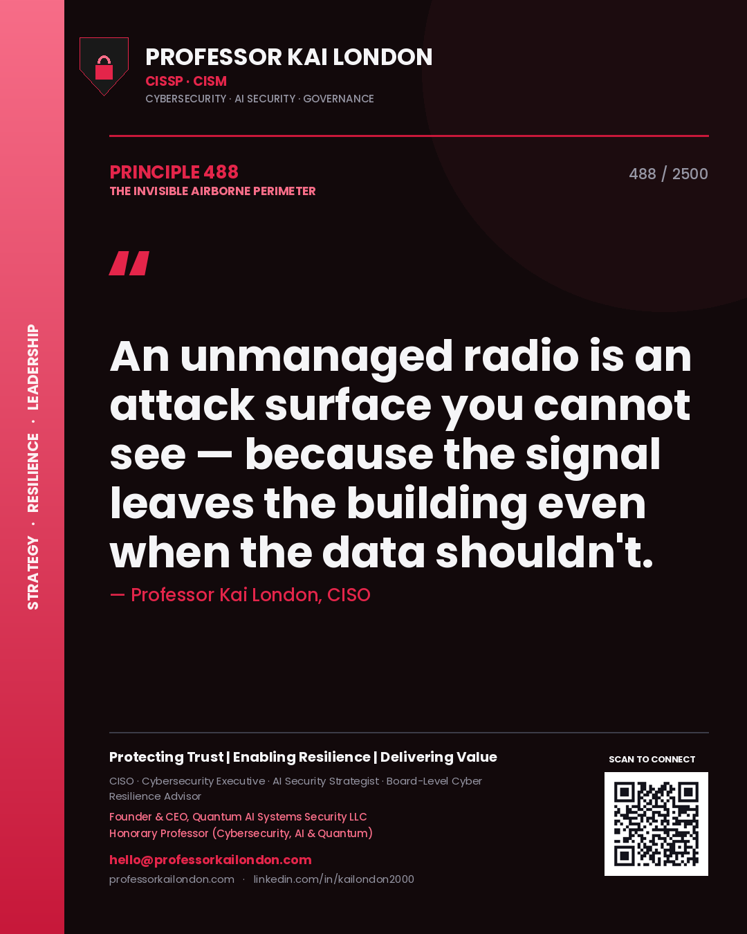 Professor Kai London principle 488: An unmanaged radio is an attack surface you cannot see — because the signal leaves the building even when the data shouldn't.