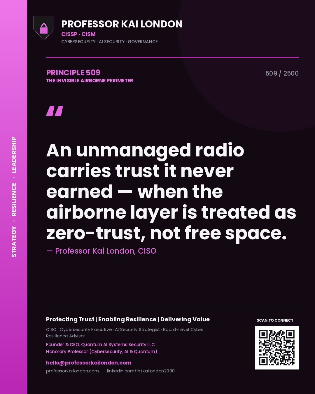 Professor Kai London principle 509: An unmanaged radio carries trust it never earned — when the airborne layer is treated as zero-trust, not free space.