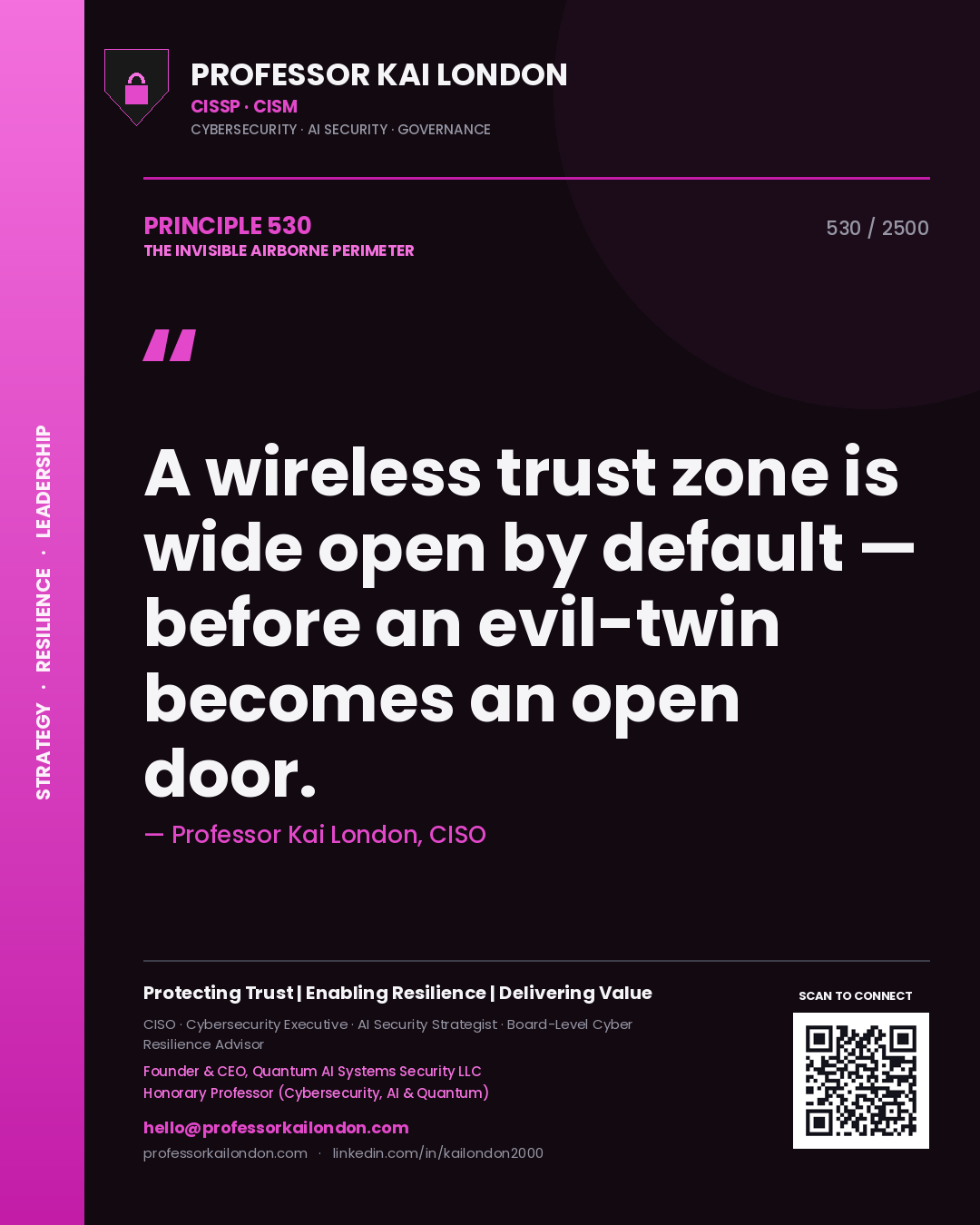 Professor Kai London principle 530: A wireless trust zone is wide open by default — before an evil-twin becomes an open door.
