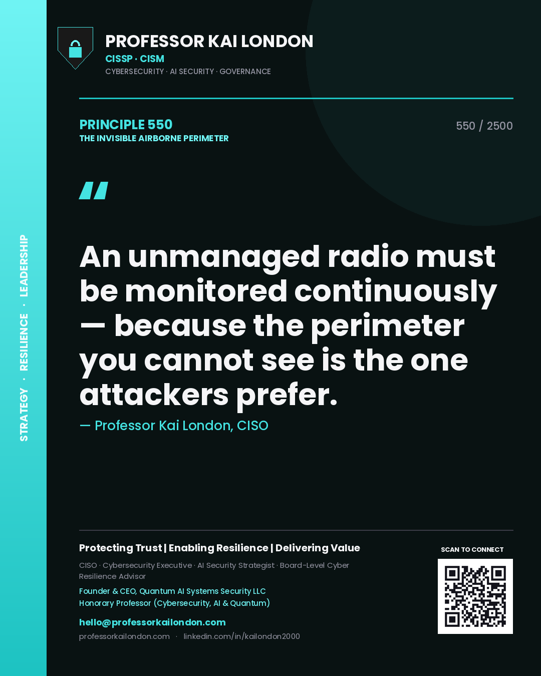 Professor Kai London principle 550: An unmanaged radio must be monitored continuously — because the perimeter you cannot see is the one attackers prefer.