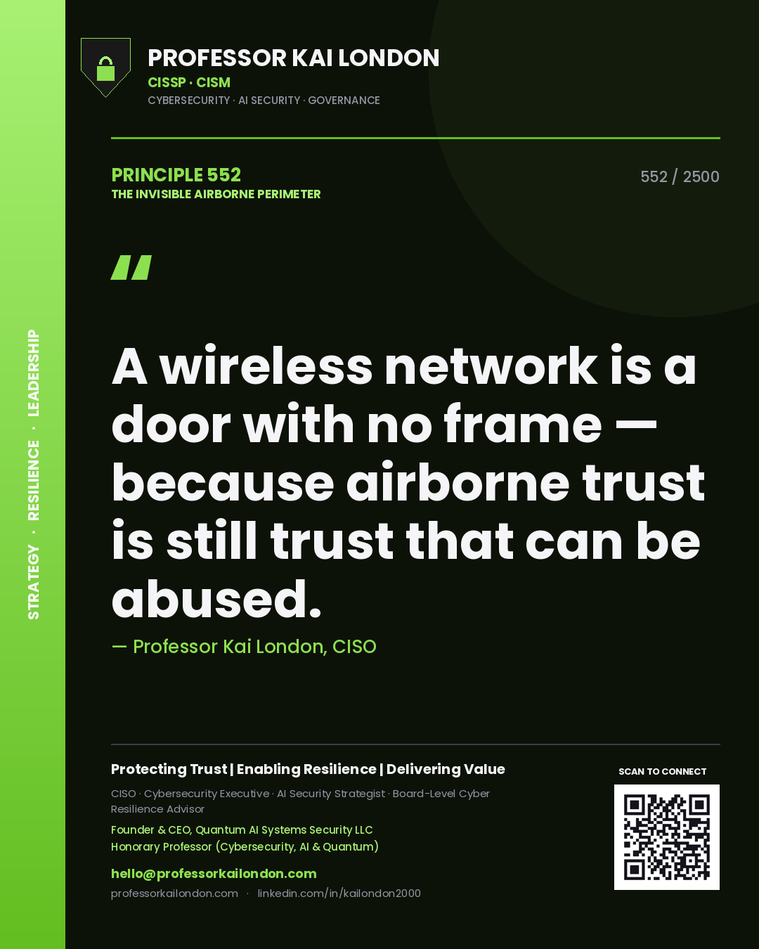 Professor Kai London principle 552: A wireless network is a door with no frame — because airborne trust is still trust that can be abused.