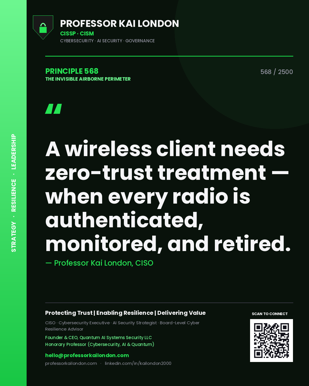 Professor Kai London principle 568: A wireless client needs zero-trust treatment — when every radio is authenticated, monitored, and retired.