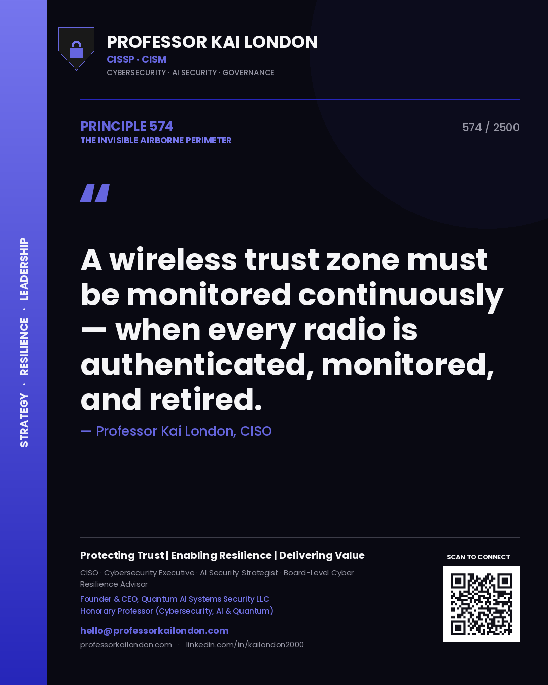 Professor Kai London principle 574: A wireless trust zone must be monitored continuously — when every radio is authenticated, monitored, and retired.