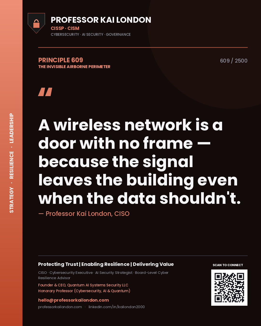 Professor Kai London principle 609: A wireless network is a door with no frame — because the signal leaves the building even when the data shouldn't.