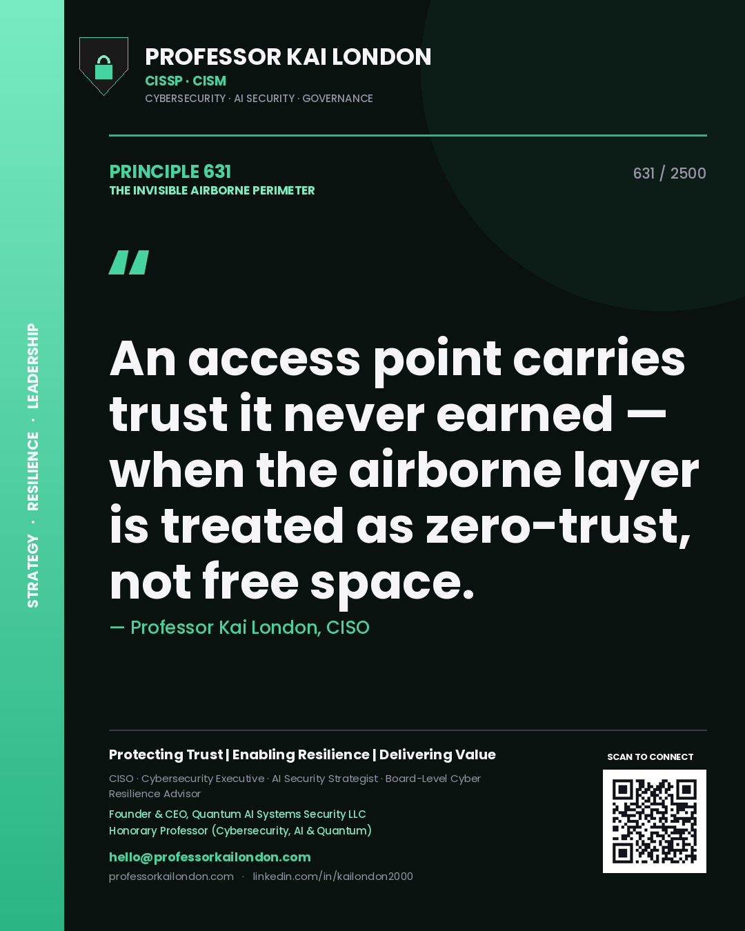 Professor Kai London principle 631: An access point carries trust it never earned — when the airborne layer is treated as zero-trust, not free space.
