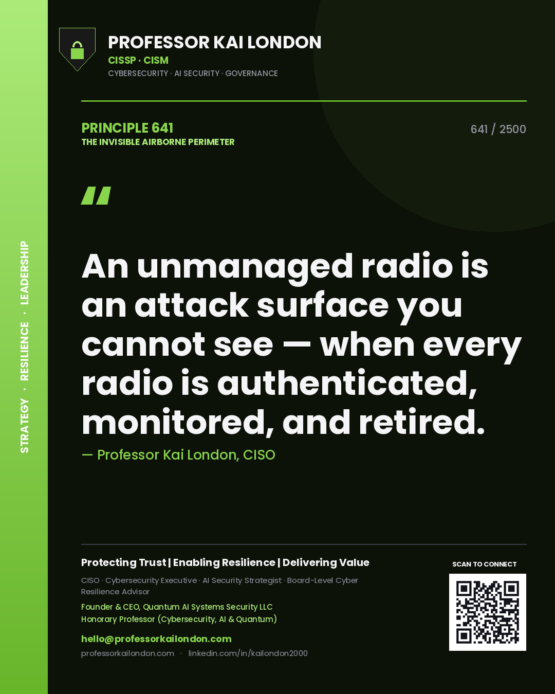 Professor Kai London principle 641: An unmanaged radio is an attack surface you cannot see — when every radio is authenticated, monitored, and retired.