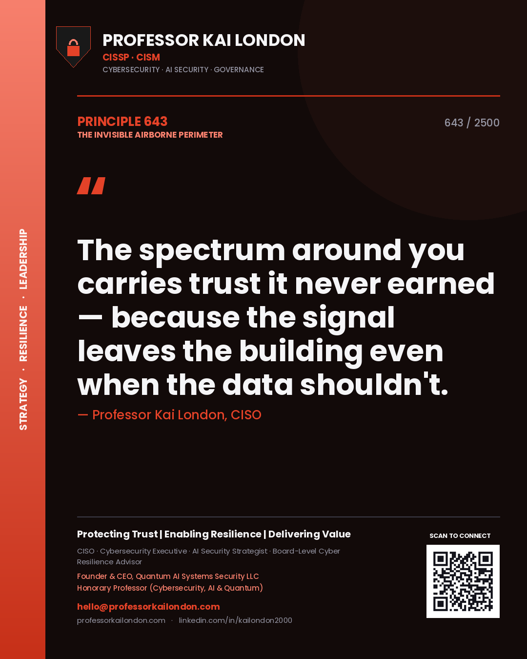 Professor Kai London principle 643: The spectrum around you carries trust it never earned — because the signal leaves the building even when the data shouldn't.