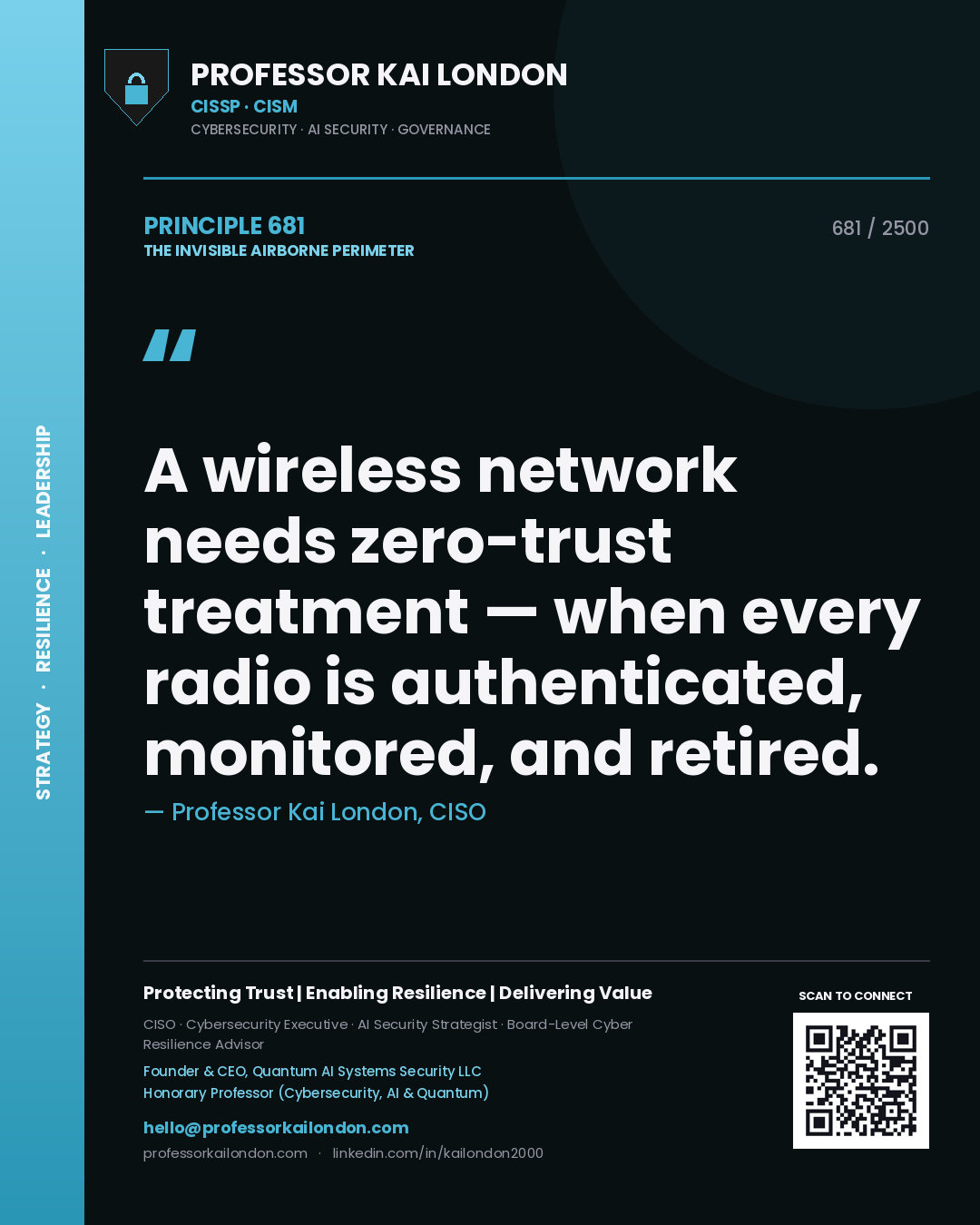 Professor Kai London principle 681: A wireless network needs zero-trust treatment — when every radio is authenticated, monitored, and retired.
