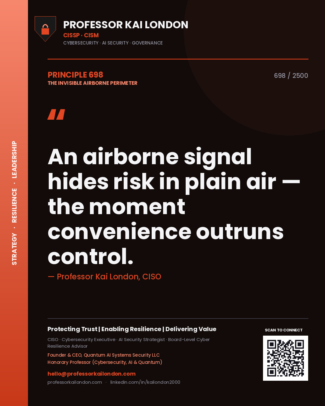 Professor Kai London principle 698: An airborne signal hides risk in plain air — the moment convenience outruns control.