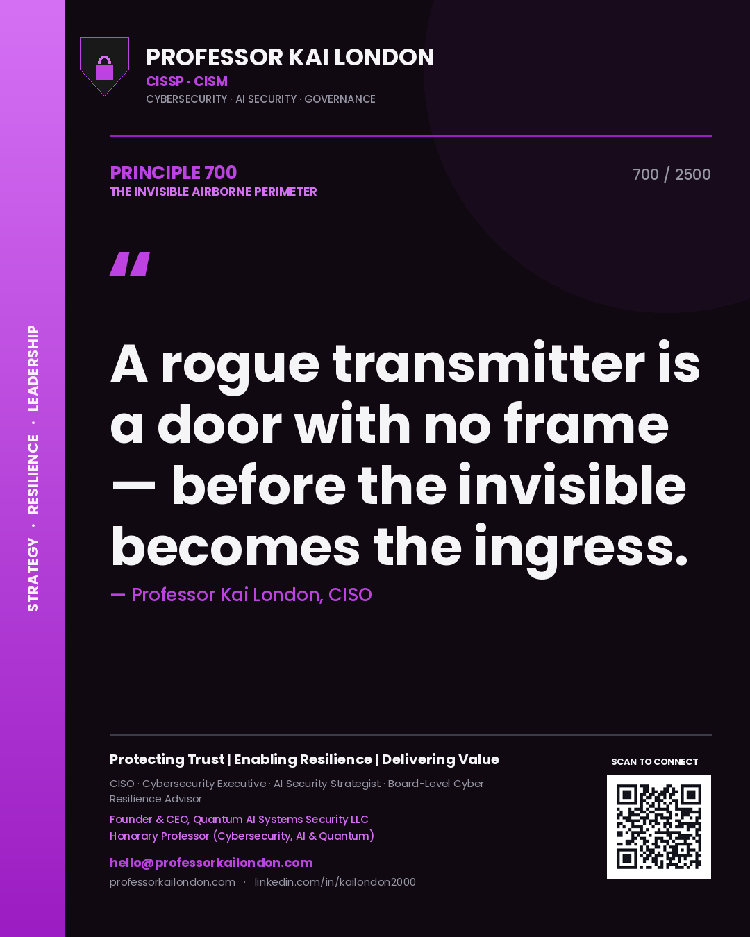 Professor Kai London principle 700: A rogue transmitter is a door with no frame — before the invisible becomes the ingress.