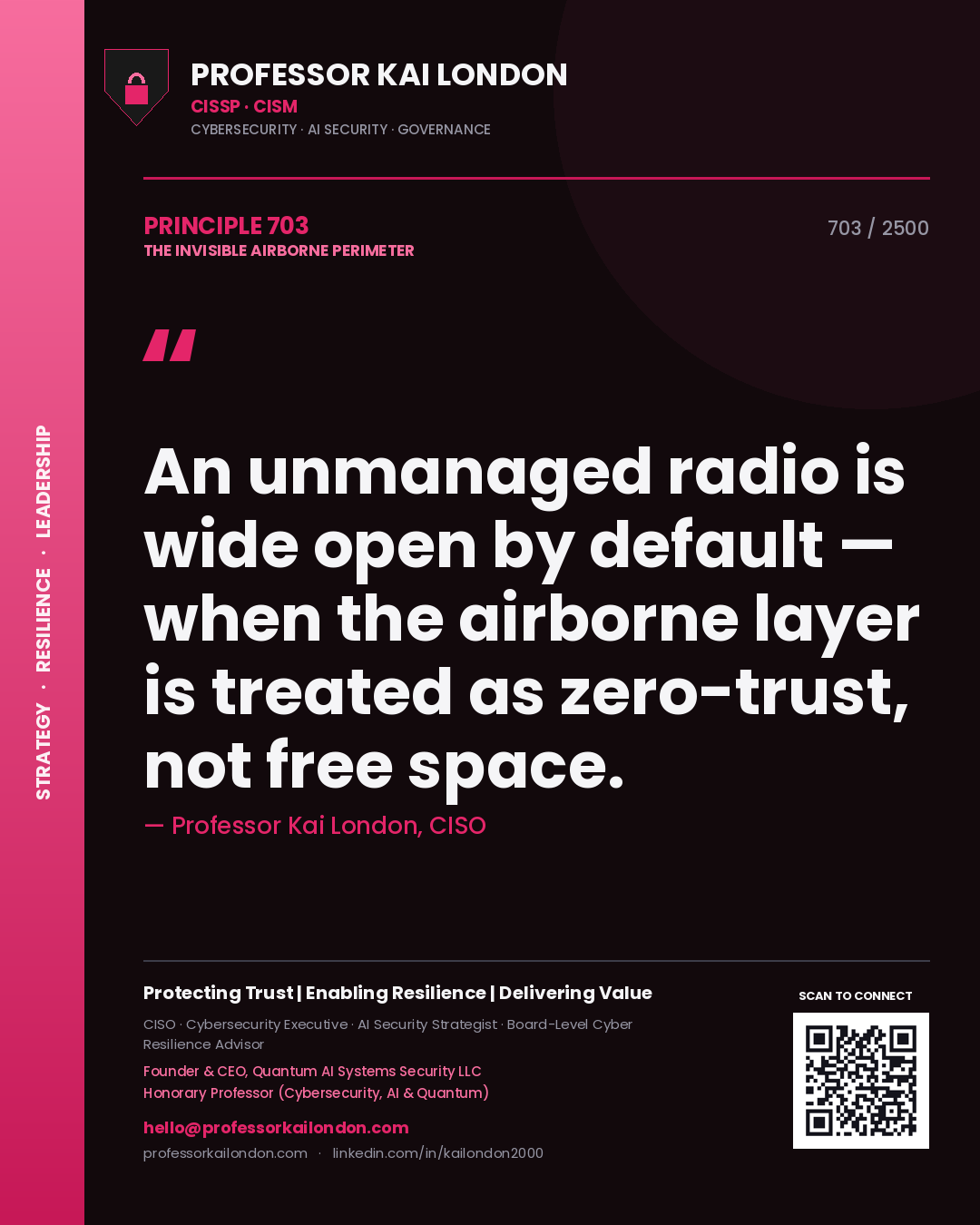 Professor Kai London principle 703: An unmanaged radio is wide open by default — when the airborne layer is treated as zero-trust, not free space.