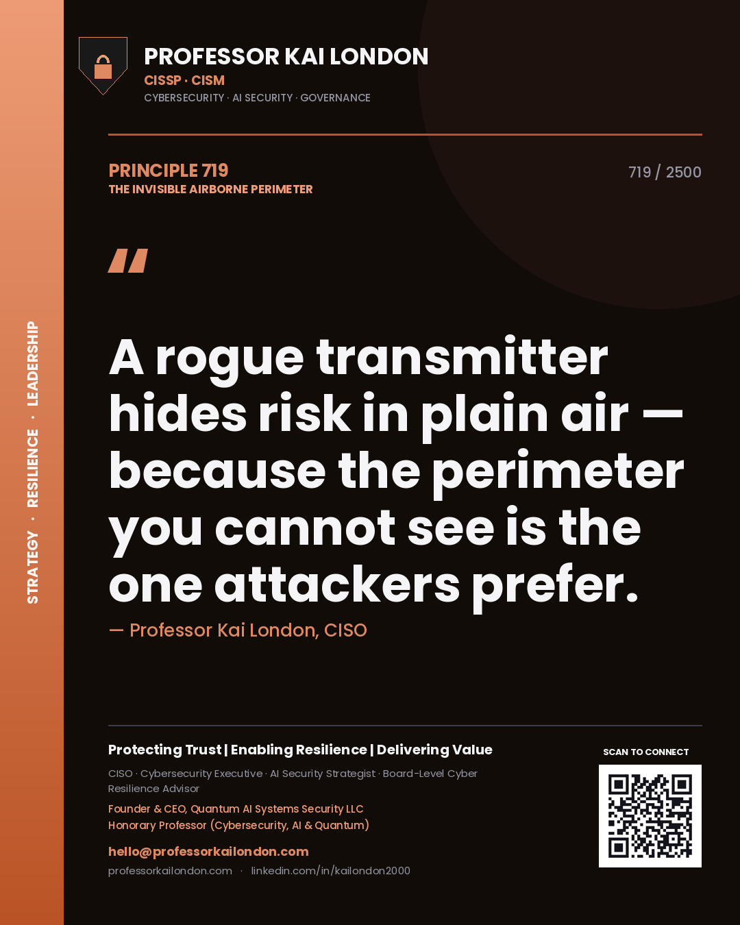 Professor Kai London principle 719: A rogue transmitter hides risk in plain air — because the perimeter you cannot see is the one attackers prefer.