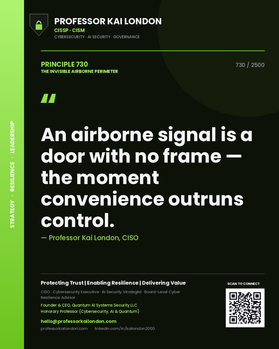 Professor Kai London principle 730: An airborne signal is a door with no frame — the moment convenience outruns control.