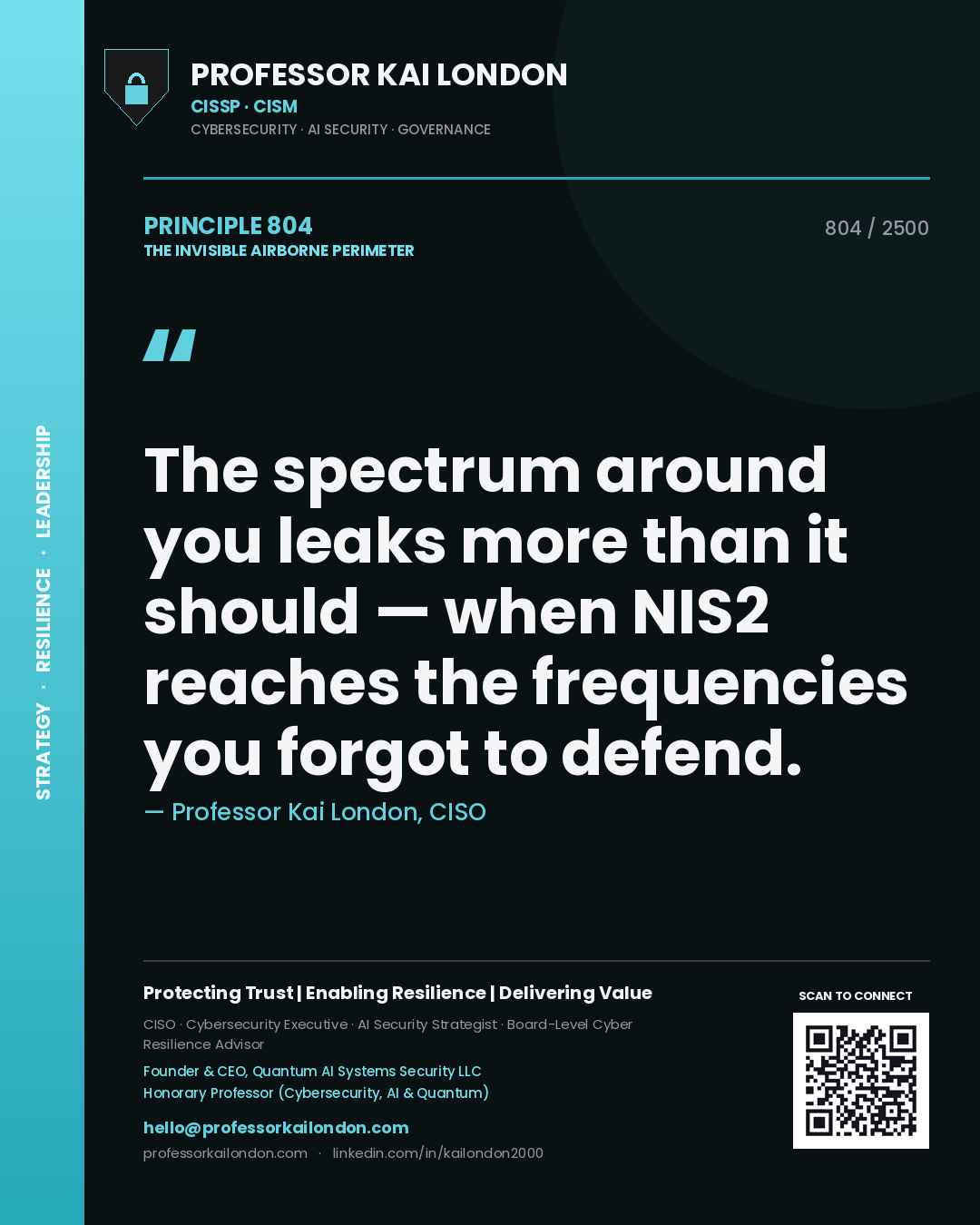 Professor Kai London principle 804: The spectrum around you leaks more than it should — when NIS2 reaches the frequencies you forgot to defend.