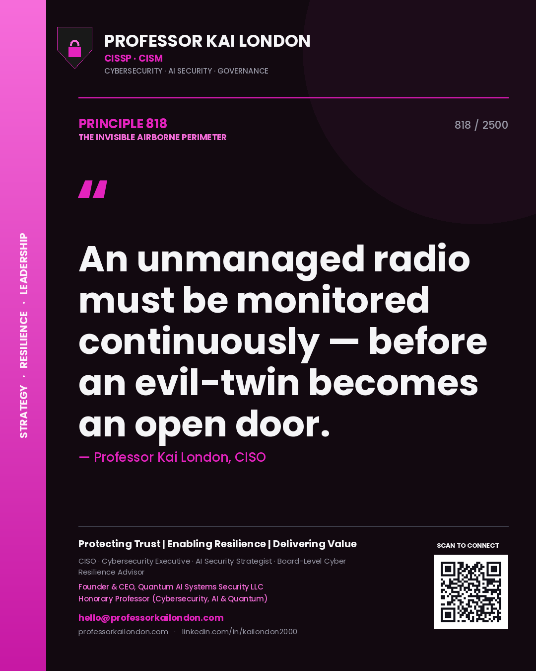 Professor Kai London principle 818: An unmanaged radio must be monitored continuously — before an evil-twin becomes an open door.