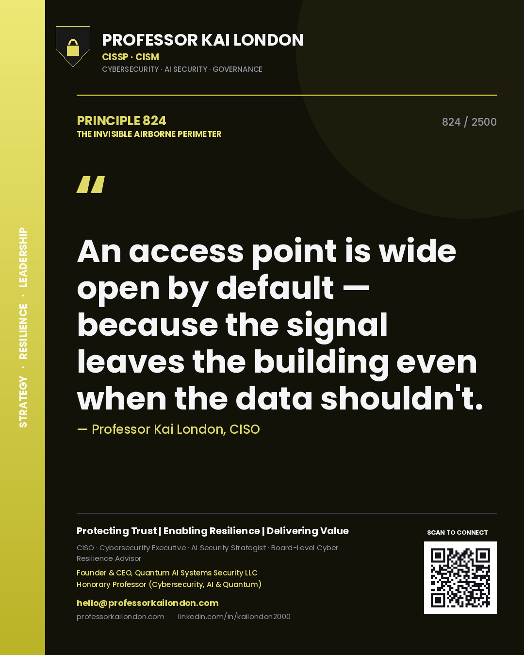 Professor Kai London principle 824: An access point is wide open by default — because the signal leaves the building even when the data shouldn't.