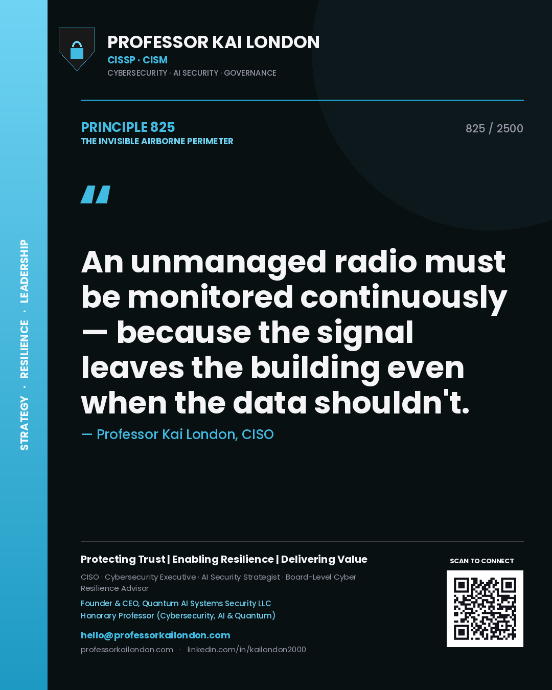 Professor Kai London principle 825: An unmanaged radio must be monitored continuously — because the signal leaves the building even when the data shouldn't.