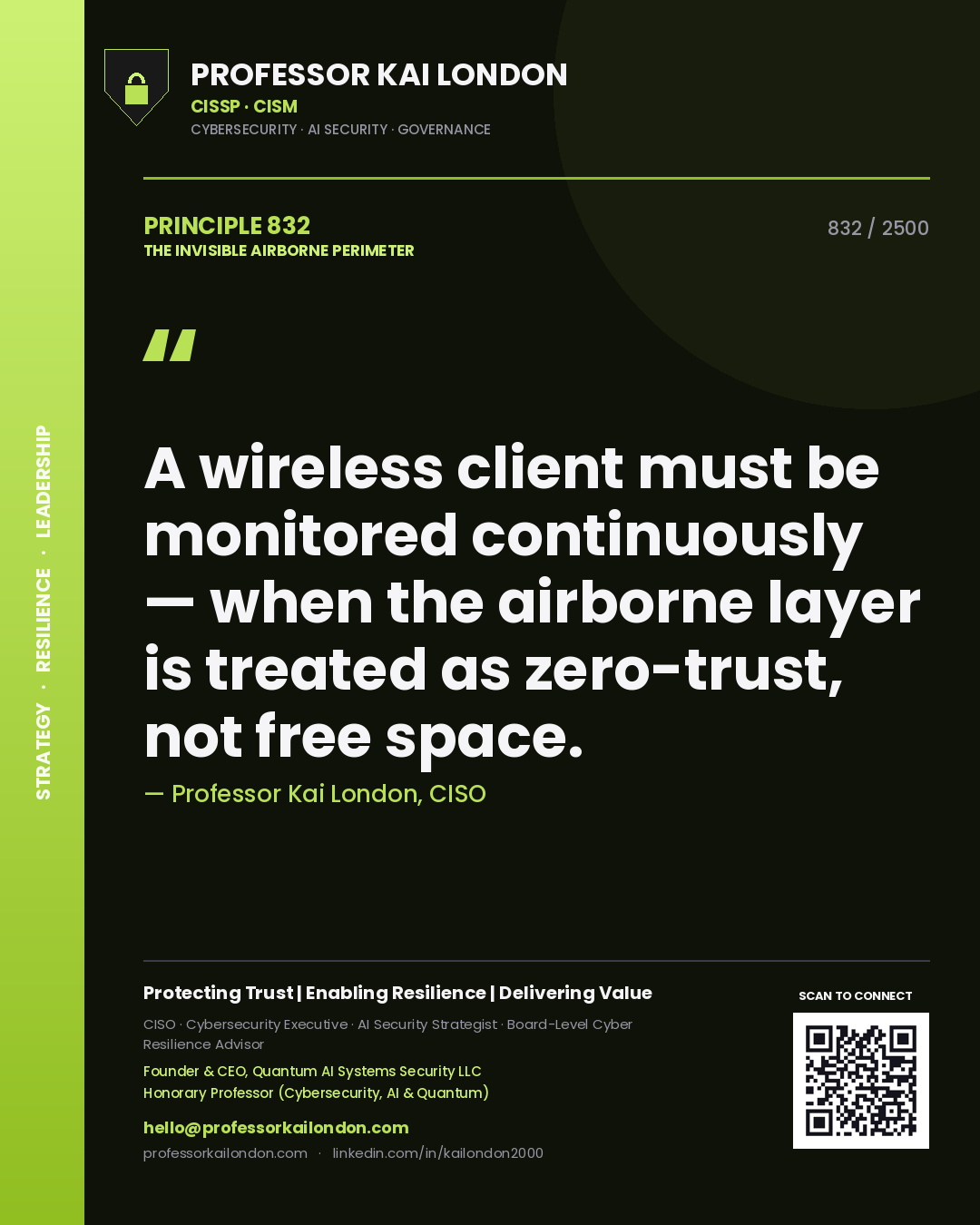Professor Kai London principle 832: A wireless client must be monitored continuously — when the airborne layer is treated as zero-trust, not free space.