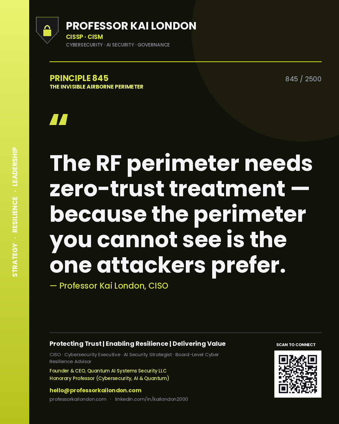 Professor Kai London principle 845: The RF perimeter needs zero-trust treatment — because the perimeter you cannot see is the one attackers prefer.