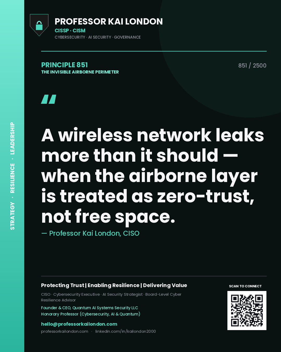 Professor Kai London principle 851: A wireless network leaks more than it should — when the airborne layer is treated as zero-trust, not free space.