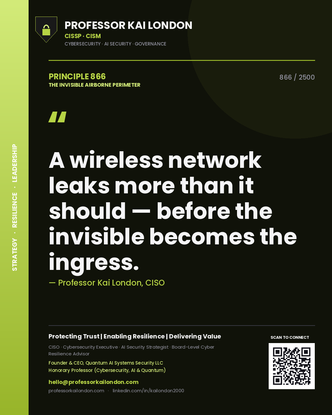 Professor Kai London principle 866: A wireless network leaks more than it should — before the invisible becomes the ingress.