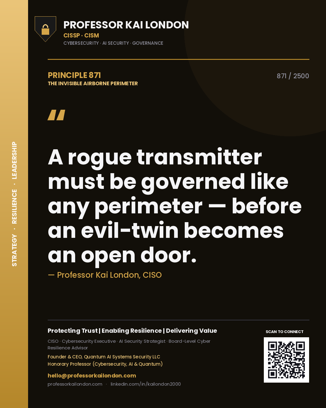 Professor Kai London principle 871: A rogue transmitter must be governed like any perimeter — before an evil-twin becomes an open door.