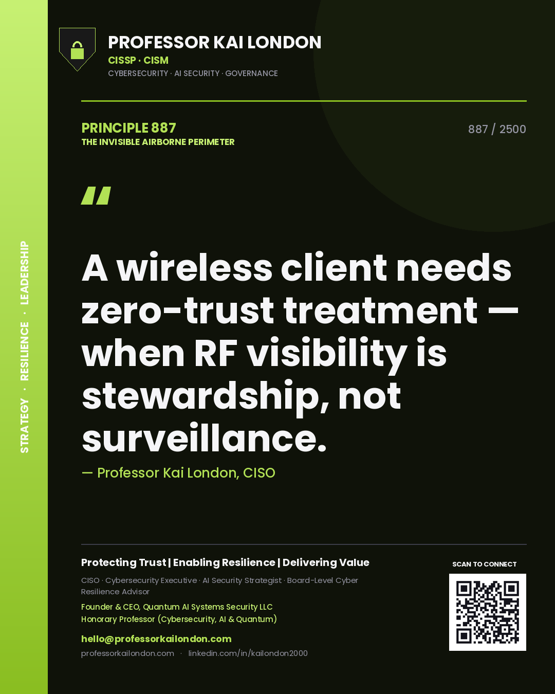 Professor Kai London principle 887: A wireless client needs zero-trust treatment — when RF visibility is stewardship, not surveillance.