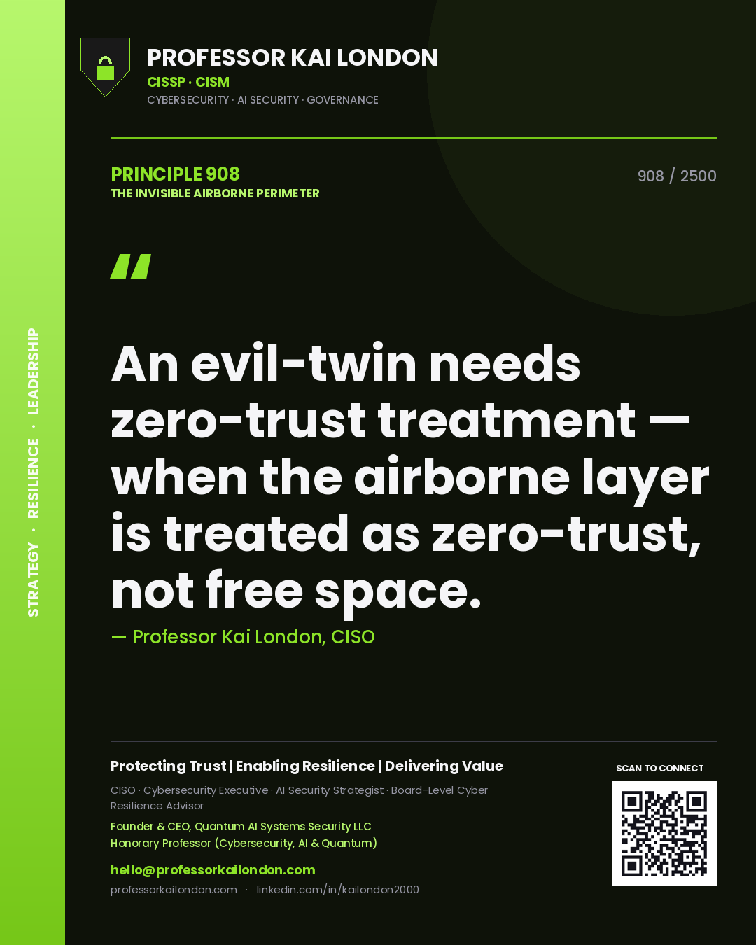 Professor Kai London principle 908: An evil-twin needs zero-trust treatment — when the airborne layer is treated as zero-trust, not free space.