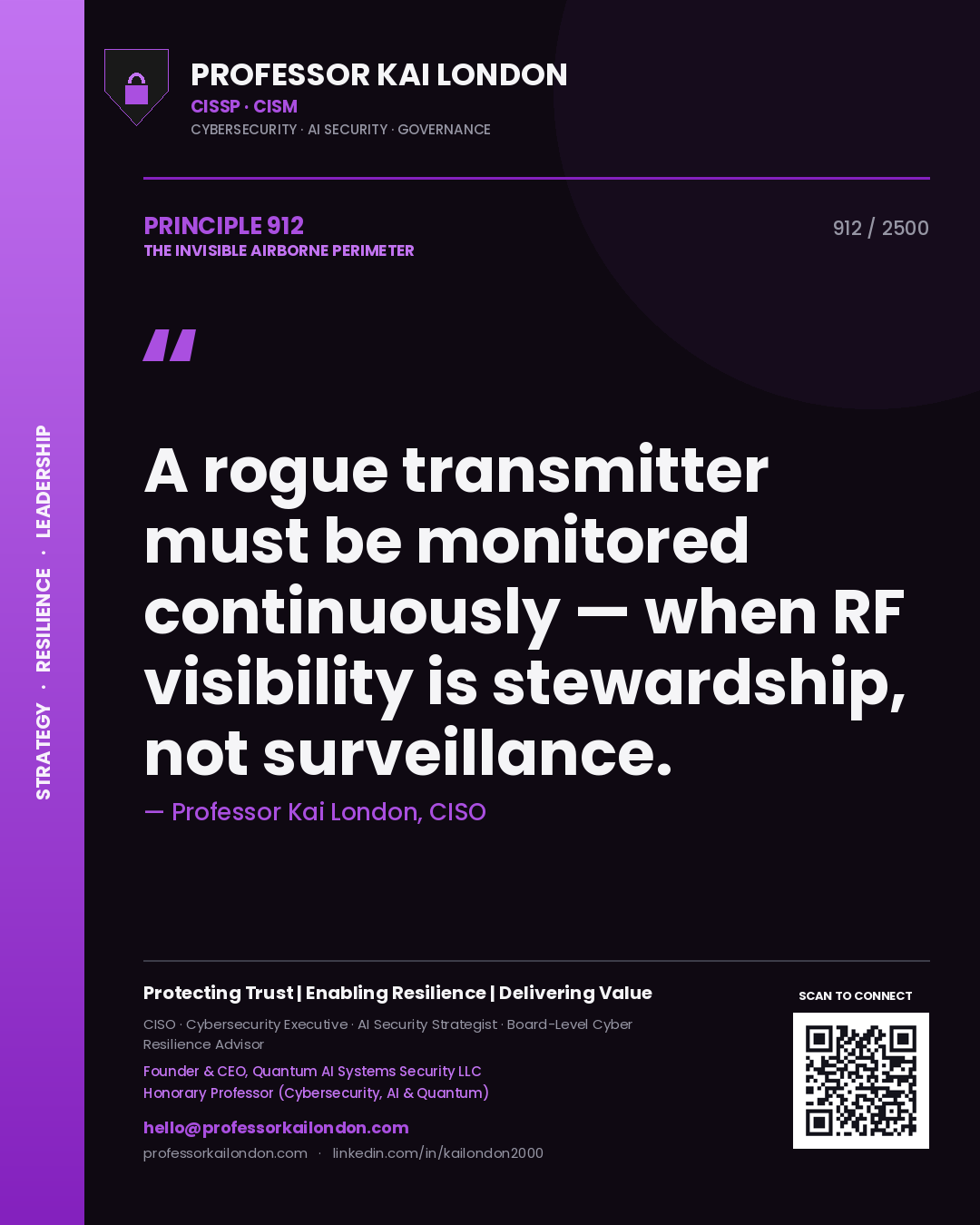 Professor Kai London principle 912: A rogue transmitter must be monitored continuously — when RF visibility is stewardship, not surveillance.