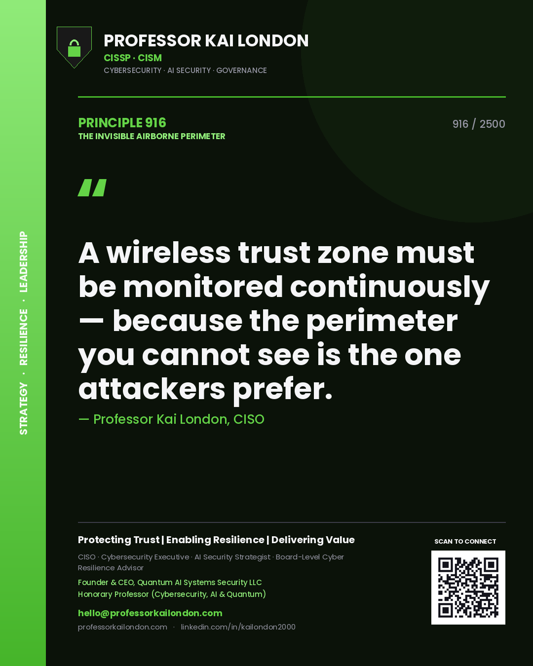 Professor Kai London principle 916: A wireless trust zone must be monitored continuously — because the perimeter you cannot see is the one attackers prefer.