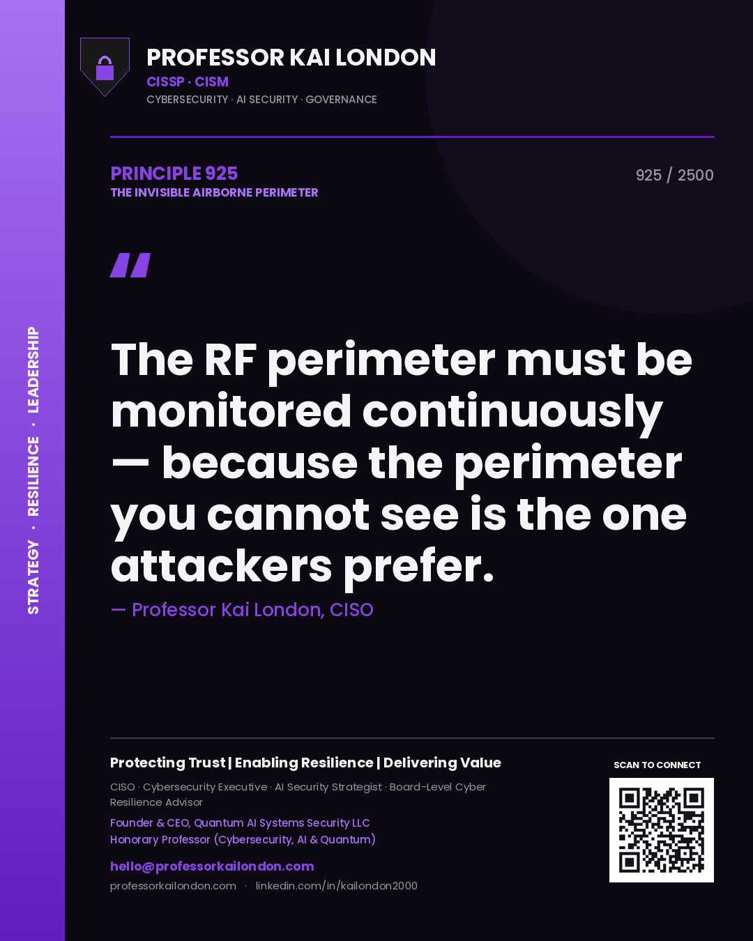 Professor Kai London principle 925: The RF perimeter must be monitored continuously — because the perimeter you cannot see is the one attackers prefer.