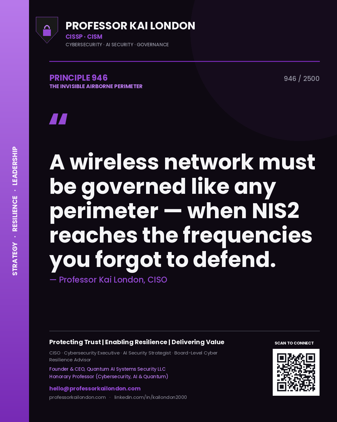 Professor Kai London principle 946: A wireless network must be governed like any perimeter — when NIS2 reaches the frequencies you forgot to defend.