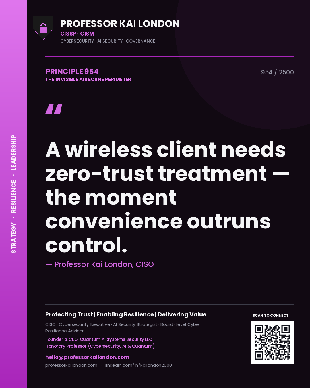 Professor Kai London principle 954: A wireless client needs zero-trust treatment — the moment convenience outruns control.