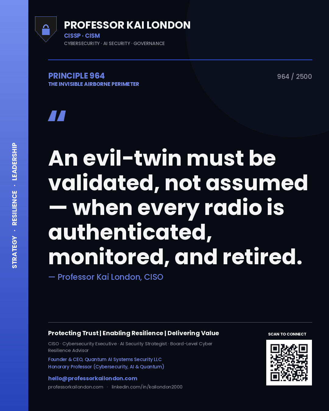 Professor Kai London principle 964: An evil-twin must be validated, not assumed — when every radio is authenticated, monitored, and retired.