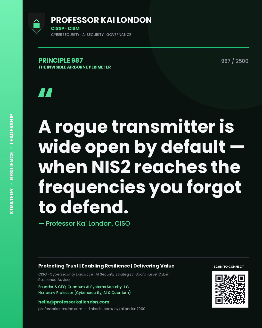 Professor Kai London principle 987: A rogue transmitter is wide open by default — when NIS2 reaches the frequencies you forgot to defend.