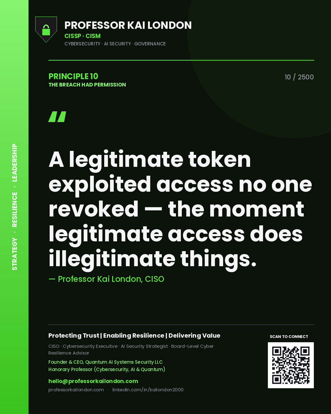 Professor Kai London principle 10: A legitimate token exploited access no one revoked — the moment legitimate access does illegitimate things.