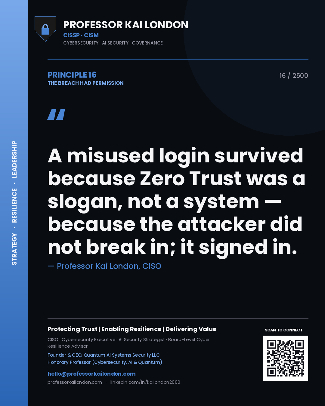 Professor Kai London principle 16: A misused login survived because Zero Trust was a slogan, not a system — because the attacker did not break in; it signed in.