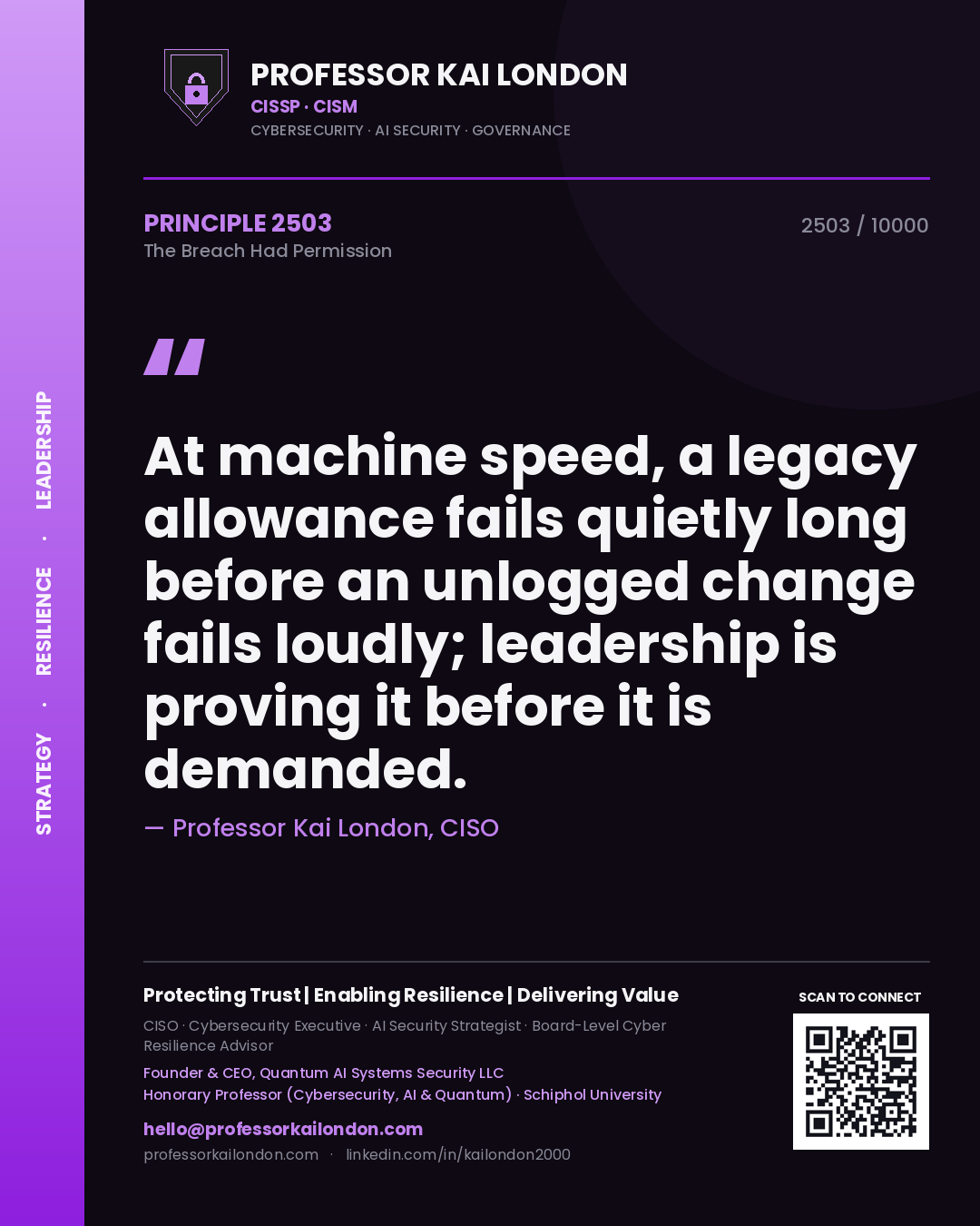Professor Kai London principle 2503: At machine speed, a legacy allowance fails quietly long before an unlogged change fails loudly; leadership is proving it before it is demanded.