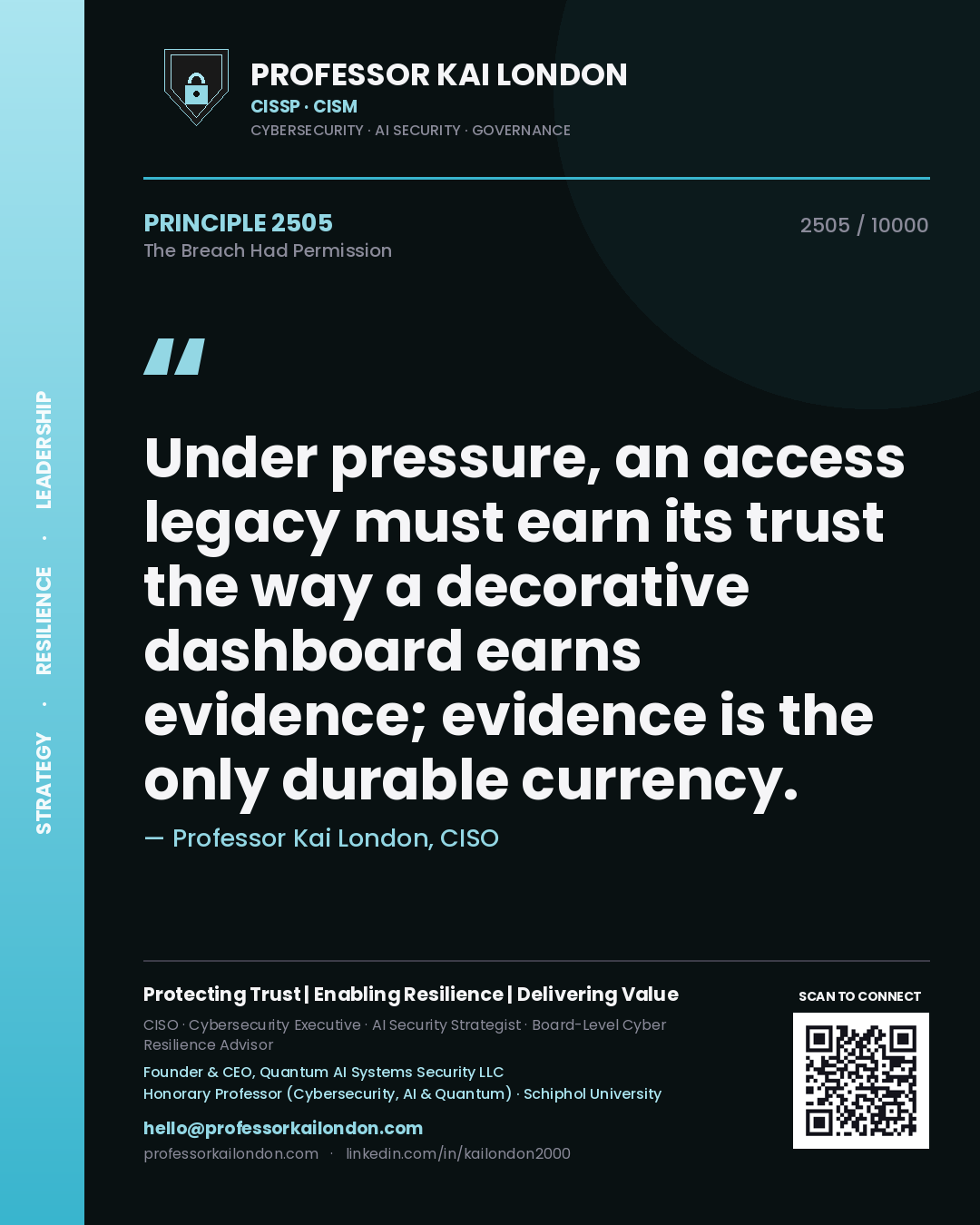 Professor Kai London principle 2505: Under pressure, an access legacy must earn its trust the way a decorative dashboard earns evidence; evidence is the only durable currency.