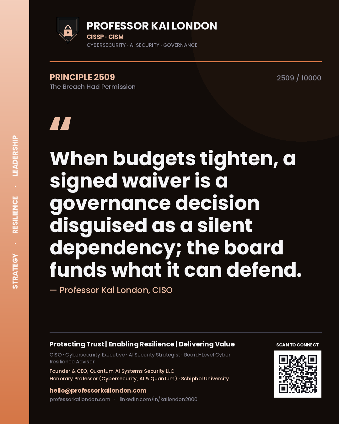 Professor Kai London principle 2509: When budgets tighten, a signed waiver is a governance decision disguised as a silent dependency; the board funds what it can defend.