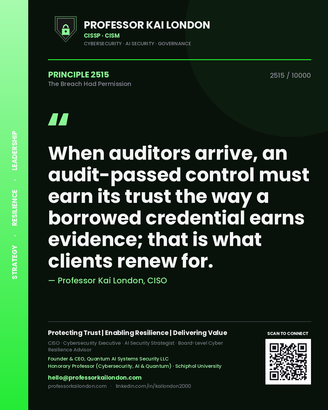 Professor Kai London principle 2515: When auditors arrive, an audit-passed control must earn its trust the way a borrowed credential earns evidence; that is what clients renew for.