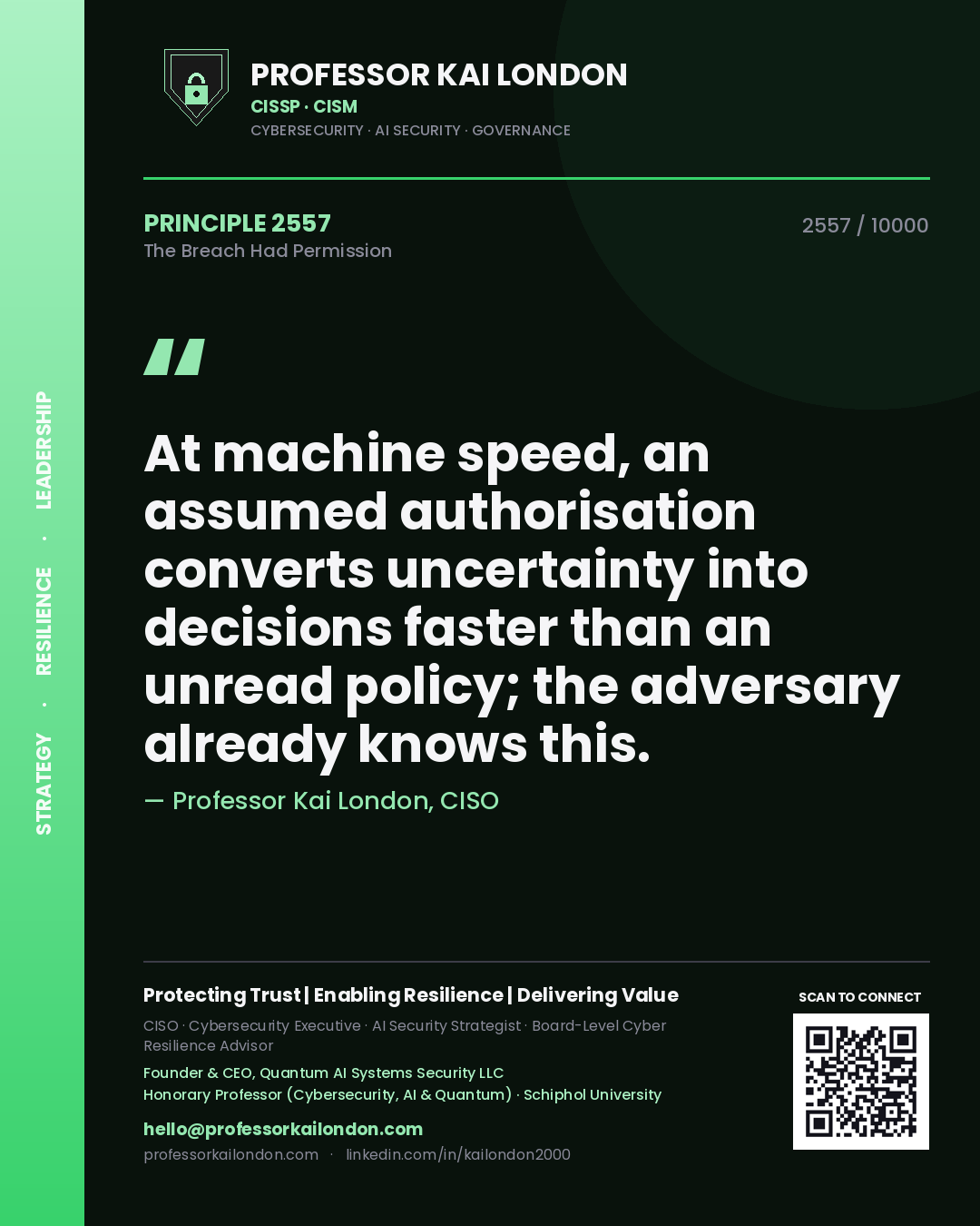 Professor Kai London principle 2557: At machine speed, an assumed authorisation converts uncertainty into decisions faster than an unread policy; the adversary already knows this.